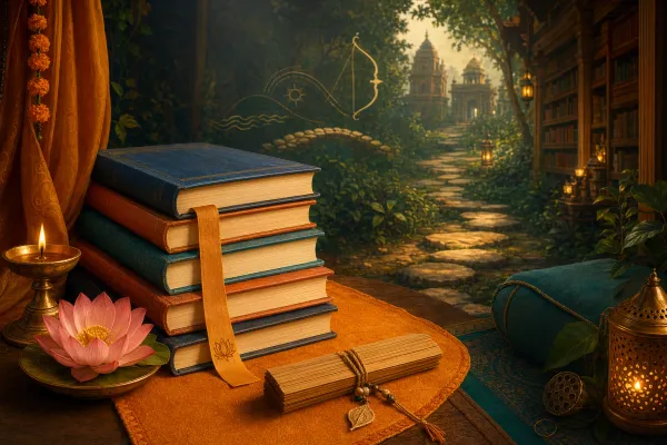 Beginner reading nook with blank Ramayana books, a bookmark, small lamp, lotus, and stepping-stone forest-library path.