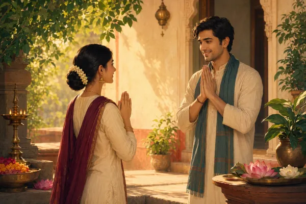 Two people greeting each other with folded hands in a Namaste gesture in a calm Indian courtyard.