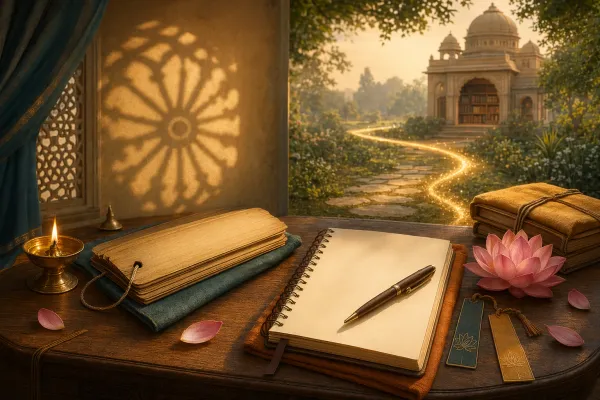 A calm beginner reading desk with a blank Mahabharata manuscript, notebook, diya, lotus petals, and a golden path toward deeper study.