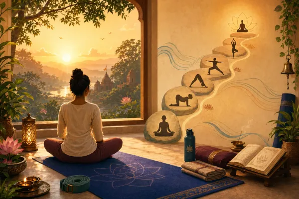 Beginner home yoga corner with mat, morning light, water bottle, and simple practice-step symbols.