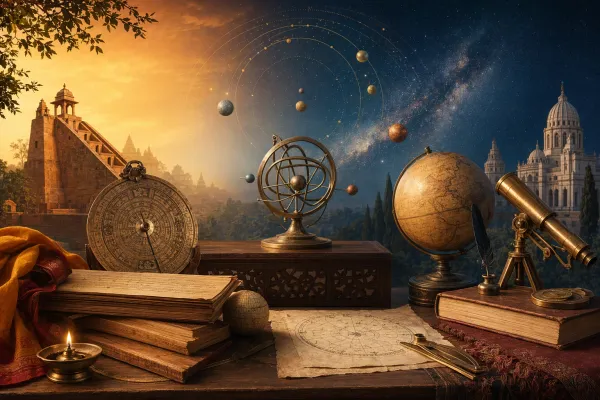 Editorial illustration for Indian Astronomy vs Western Astronomy: Similarities, Differences, and Exchanges: a concrete article-specific Indian cultural editorial scene for Indian Ast...