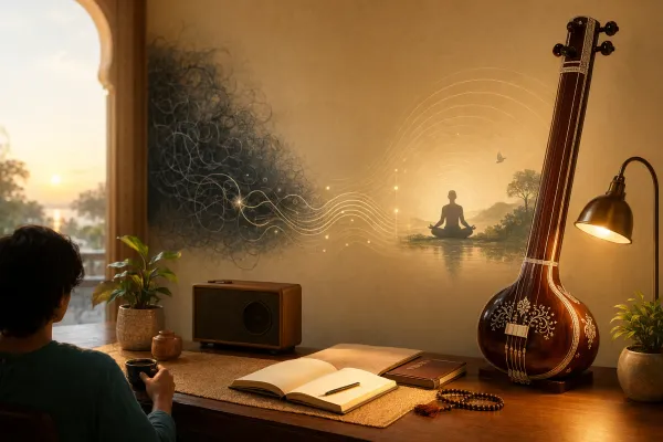 Calm study desk with tanpura, headphones, and meditation imagery showing Indian classical music as a mindful support for focus and stress.
