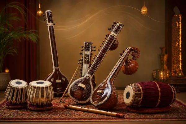 Illustration of Indian classical instruments including tabla, string instruments, flute, and drums arranged for a beginner guide.