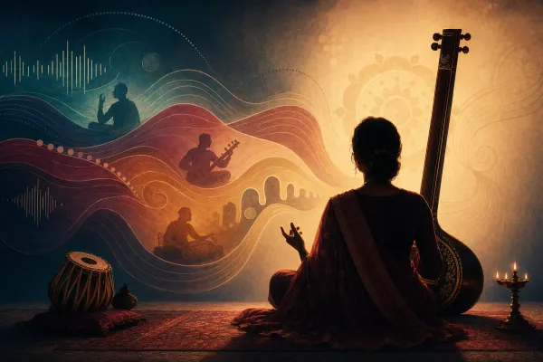 Illustration of an Indian classical vocalist with tanpura and musical wave motifs for a beginner guide to singing styles.
