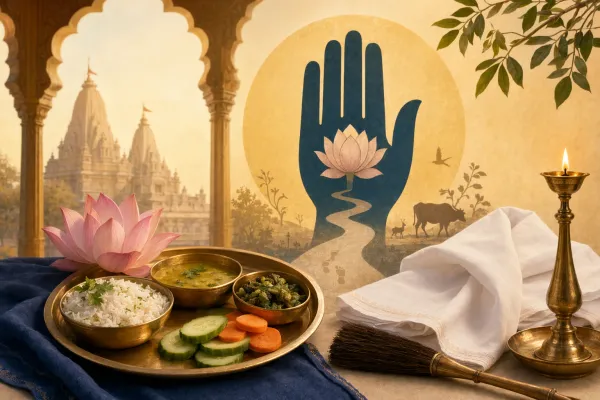 Jain vegetarian food illustration with thali, fruits, vegetables, ahimsa hand symbol, lamp, temple setting, and peaceful devotional mood.
