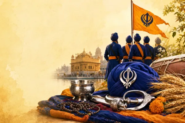 Editorial illustration for What Is Khalsa in Sikhism? Vaisakhi and the Sikh Identity: Sikh cultural symbols and article-specific scene presented respectfully for a Bhaktilipi beginner guide.