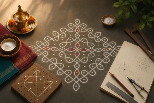 Editorial illustration for Kolam and Mathematics: Patterns, Symmetry, and Geometry for Students: a concrete article-specific Indian cultural editorial scene for Kolam and Mathematics...