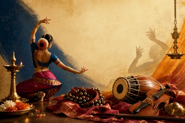 Kuchipudi-inspired classical dancer with ankle bells, stage lamp, musicians, and performance details for a beginner guide.