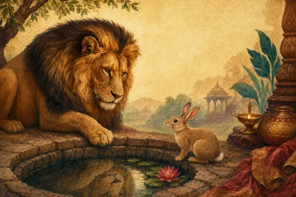 The Lion and the Rabbit: Panchatantra Story Meaning illustration with Panchatantra-style animals, books, Indian storytelling mood, and warm educational setting.