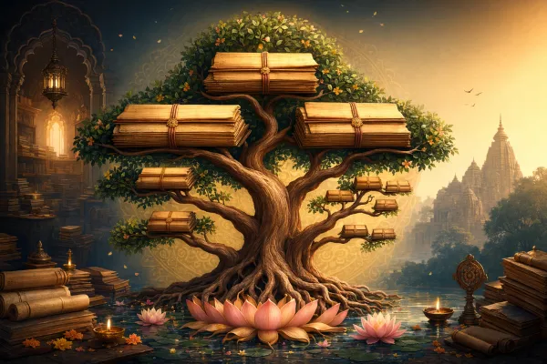 Sacred library tree with large and small palm-leaf manuscript branches, symbolizing Mahapuranas, Upapuranas, and types of Puranas.