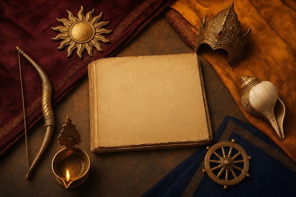 Circle of clear Mahabharata symbols including bow, conch, dice, lotus, crown, chariot wheel, and lamp around a blank manuscript.