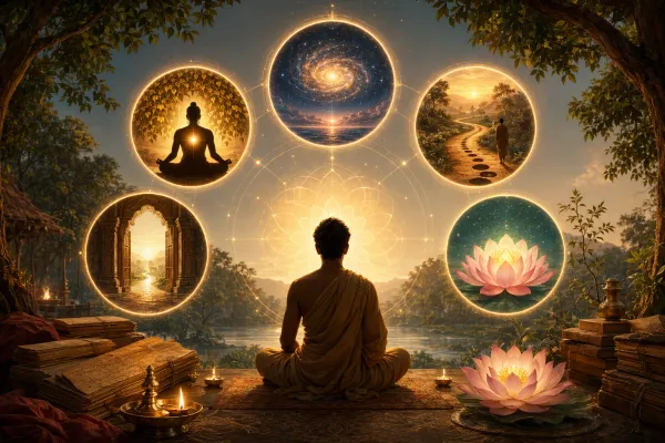 Symbolic Upanishads illustration with five glowing symbolic orbs around a calm center: self-lamp, cosmic circle, karma path, liberation doorway, and wisdom lotus.