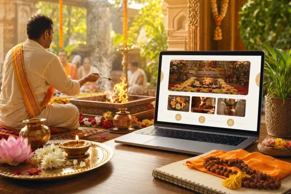 Modern yajna scene with priest, sacred fire, offerings, and a laptop suggesting online booking and livestream arrangements.