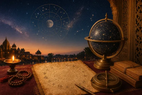 Editorial illustration for Nakshatras and Stars in Indian Astronomy: Simple Meaning for Beginners: a concrete article-specific Indian cultural editorial scene for Nakshatras and Star...
