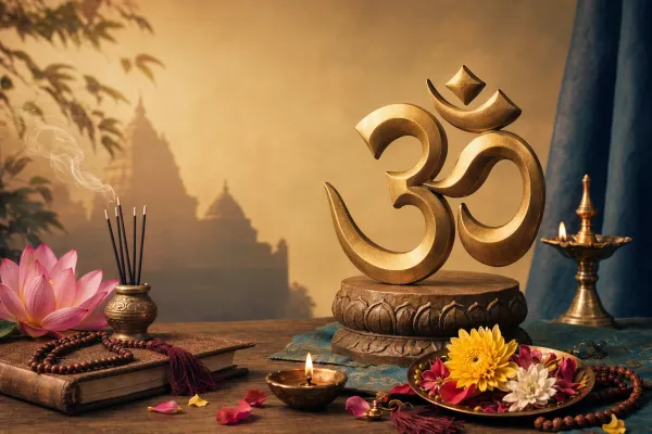 Sacred Om symbol with diya, flowers, mala, and devotional objects in a calm Hindu prayer setting.