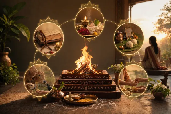 Symbolic scenes of study, worship, ancestors, hospitality, nature, and care for living beings.