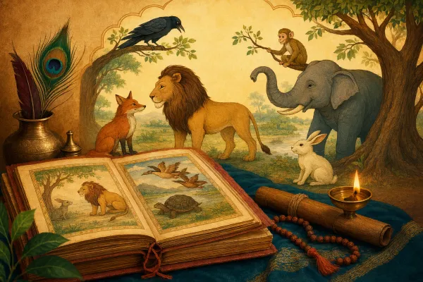 Panchatantra Stories with Morals: What Do They Teach Us? illustration with Panchatantra-style animals, books, Indian storytelling mood, and warm educational setting.