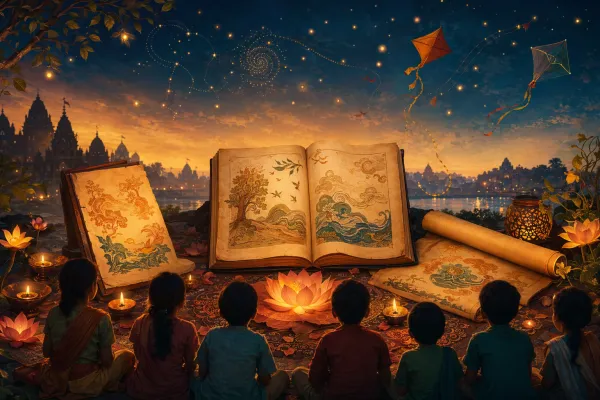 Young-reader story circle with open illustrated manuscripts, firefly constellations, kites, lotus, and diyas.