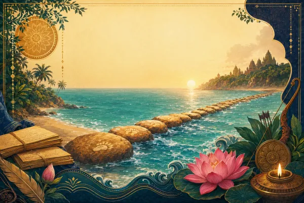 Luminous chain of stones across a teal ocean with sunrise and manuscript motifs, symbolizing Ram Setu in the Ramayana.