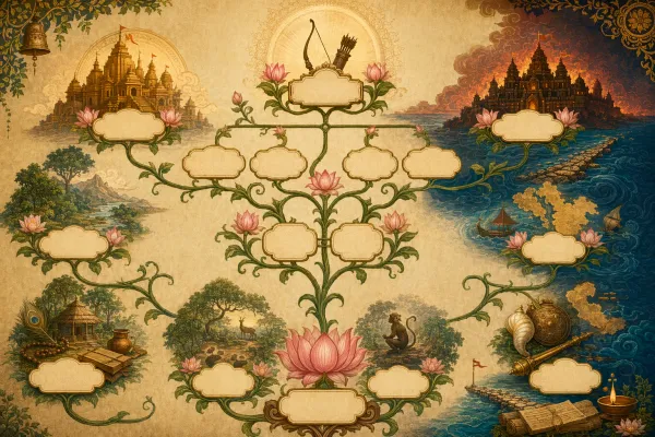 Lotus-vine relationship tree with symbolic clusters for Ayodhya, Mithila, Lanka, vanara allies, and sages from the Ramayana.