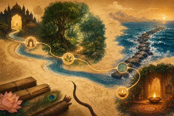 Story-river across parchment passing a palace, forest, ocean bridge, and homecoming lamp, summarizing the Ramayana for beginners.