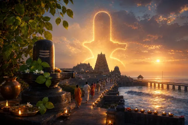 Respectful Shiva temple and Jyotirlinga pilgrimage illustration for Rameshwaram Jyotirlinga: The Ramayana Connection Explained for Beginners.