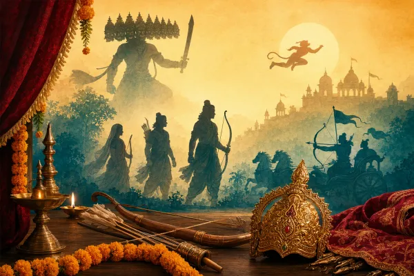 Ramlila performance showing Ramayana scenes with Rama, Sita, Lakshmana, Hanuman, Ravana, stage lights, and audience.