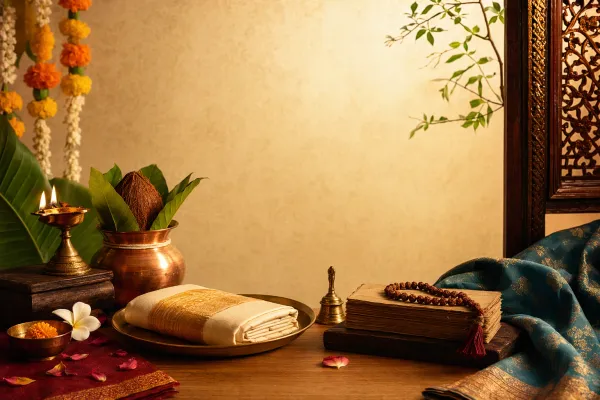 Samskara pronunciation illustration with book, mala, lamp, Kannada and Sanskrit learning atmosphere, and calm study setting.