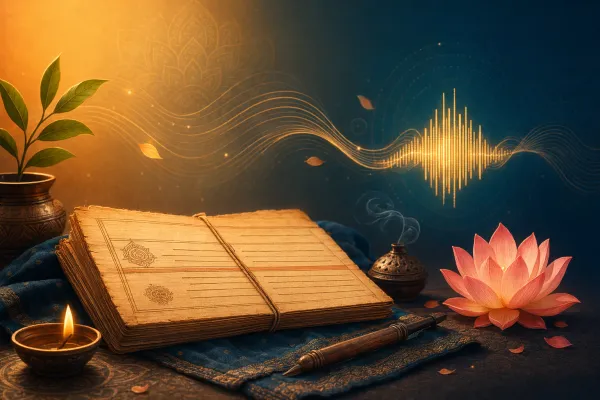Symbolic Bhaktilipi feature illustration for Sanskrit Shlokas for Beginners: Meaning, Use, and How to Read Them, using Sanskrit learning motifs and respectful cultural design.