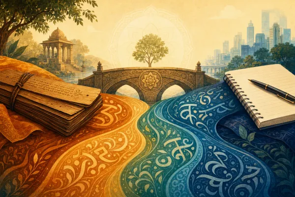 Two symbolic language paths, one from an ancient manuscript and one from a modern notebook, connected by a cultural bridge to show Sanskrit and Hindi as related but different.