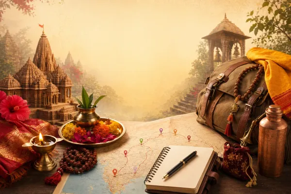 Editorial illustration for How to Plan Shakti Peeth Darshan: Beginner-Friendly Route, Etiquette, and Learning Guide: a concrete article-specific Indian cultural editorial scene for H...