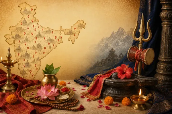 Illustration of a 51 Shakti Peeth devotional map with temple markers, lamps, Devi symbolism, and sacred geography motifs.