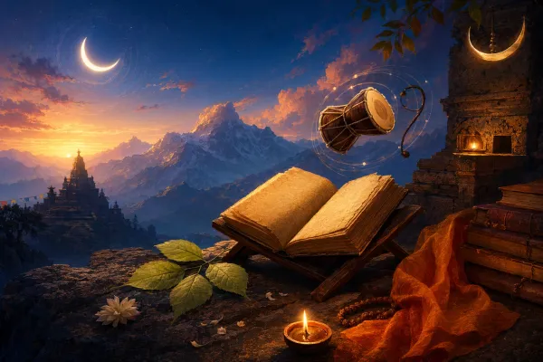 Symbolic Shiva Purana scene with a mountain-library, crescent moon glow, damaru motif, bilva leaves, and a quiet manuscript.