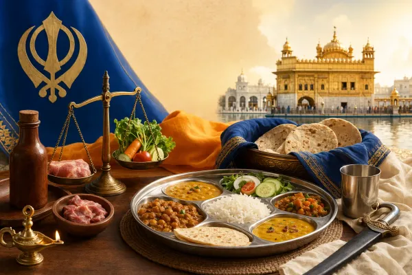 Editorial illustration for Sikhism Food Rules: Meat, Vegetarian Food, Pork, and Alcohol Explained: respectful Sikhism symbols and beginner-guide scene.