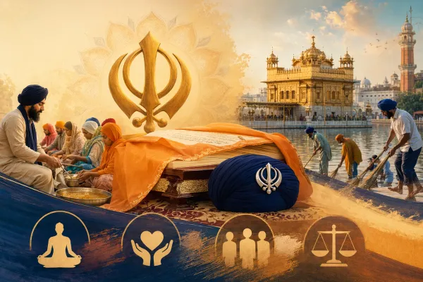 Editorial illustration for Sikhism Main Beliefs: One God, Seva, Equality, and Honest Living: respectful Sikhism symbols and beginner-guide scene.