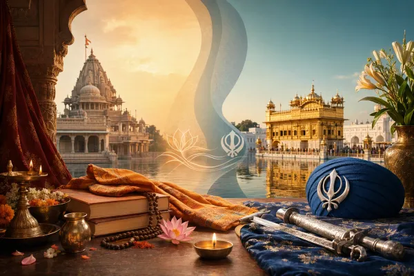Editorial illustration for Sikhism and Hinduism: Similarities and Differences Explained Respectfully: respectful Sikhism symbols and beginner-guide scene.