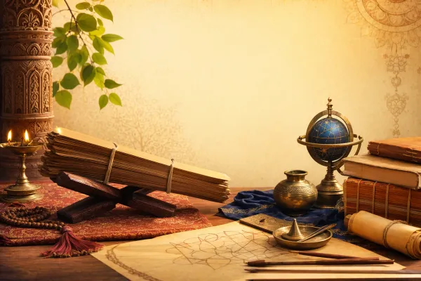 The Six Vedangas: Names, Meanings and What Each One Studies illustration with manuscripts, lamp, and Indian learning symbols.