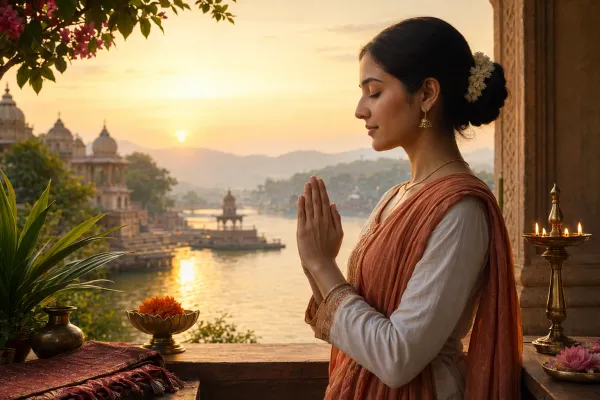 A person offering Namaste near a diya with river and temple scenery in the background.