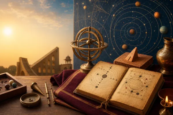 Editorial illustration for Surya Siddhanta and Siddhanta Astronomy: A Beginner Guide: a concrete article-specific Indian cultural editorial scene for Surya Siddhanta and Siddhanta As...