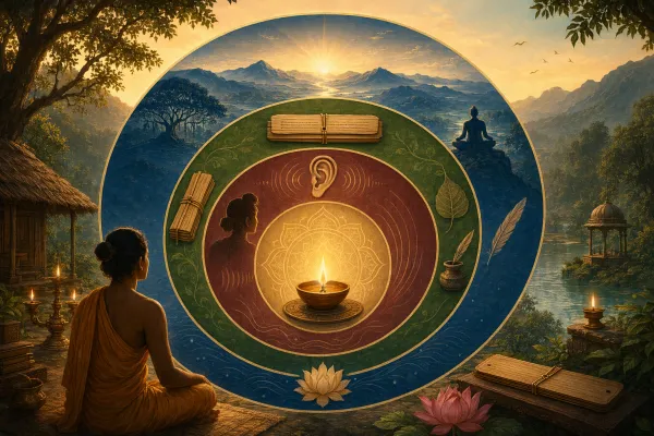 Symbolic Upanishads illustration with three nested knowledge rings: listening ear motif, scripture leaf, and Vedanta horizon, with a lamp at the center and clean classification geome...