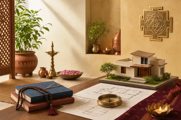Vastu home rules illustration with house model, floor plan, compass, doorway, lamp, and clean living-space symbols.