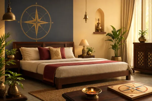 Vastu bedroom illustration with bed, compass, calm room lighting, and simple directional symbols.