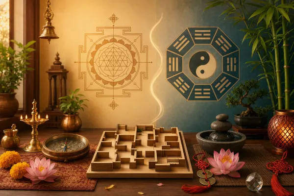 Vastu Shastra and Feng Shui comparison illustration with Indian floor plan symbols, compass, and balanced East Asian design motifs.