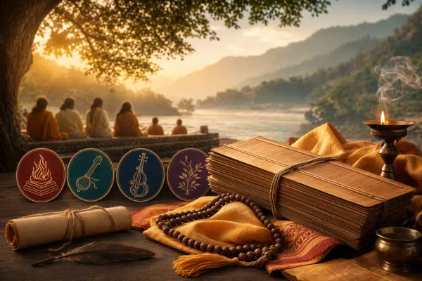Illustration of palm-leaf Vedic manuscripts, a ritual lamp, mala beads, and sages beside a river.