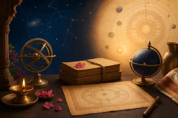 Editorial illustration for Vedic Astronomy and Jyotisha: What Is the Relationship?: a concrete article-specific Indian cultural editorial scene for Vedic Astronomy and Jyotisha: What...