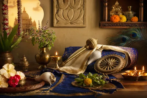 Simple Vishnu home worship illustration with small altar, diya, flowers, conch, scripture, and clean devotional setting.