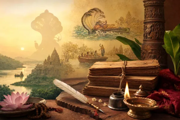 Vishnu Purana illustration with palm-leaf manuscript, lamp, temple architecture, conch, chakra, and devotional study setting.