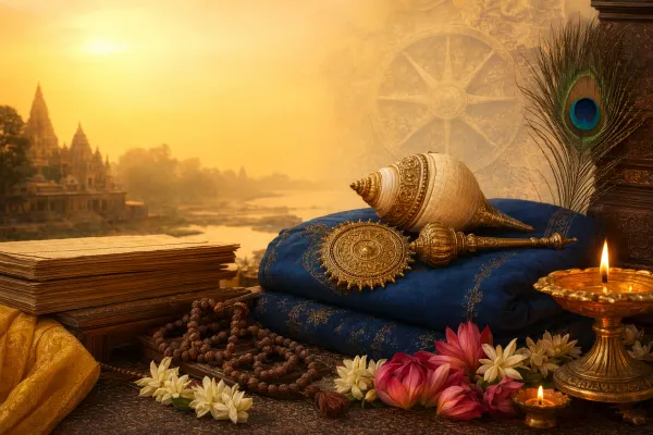 Vishnu Sahasranamam devotional illustration with manuscript, lamp, conch, chakra, lotus, and calm prayer symbolism.