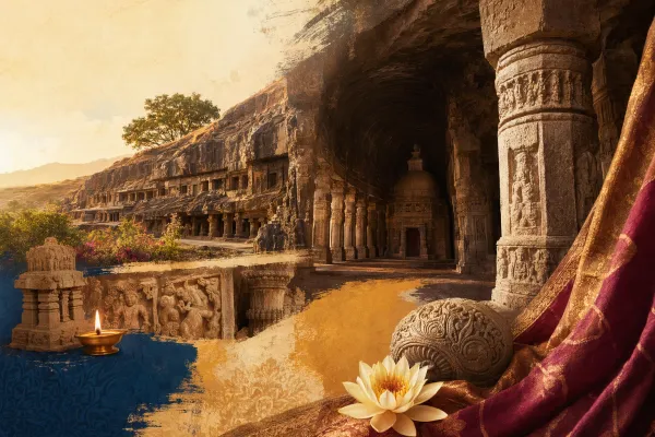 What Are Indian Cave Temples? A Simple Beginner Guide illustration with Indian rock-cut cave architecture and sacred art.
