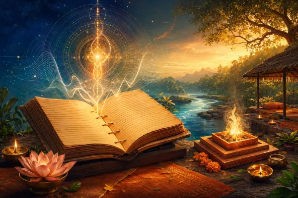 Symbolic illustration of an open Vedic manuscript with sound waves, sacred fire motif, lotus, diyas, river curve, and forest-learning silhouette.